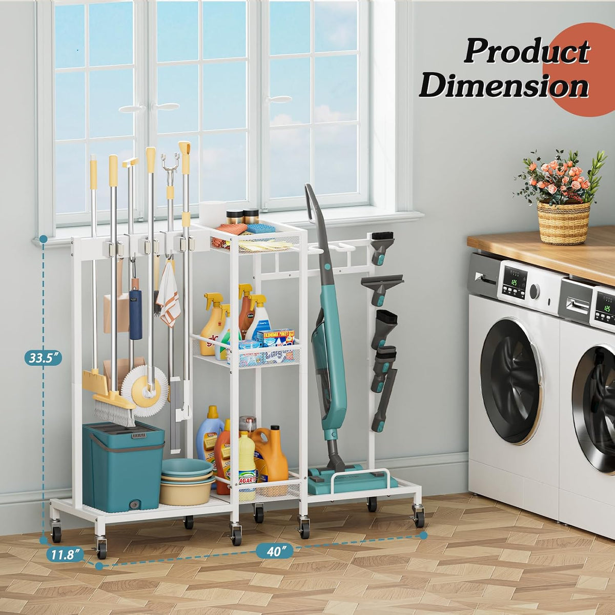 Broom Holder with Cleaning Supplies Organizer, Broom Closet Storage Cabinet with Cleaning Caddy Vacuum Stand, Cleaning Cart with Mop Hanger Gripper Rack Hook, Laundry Room Organization Home Essentials - Field & Nook