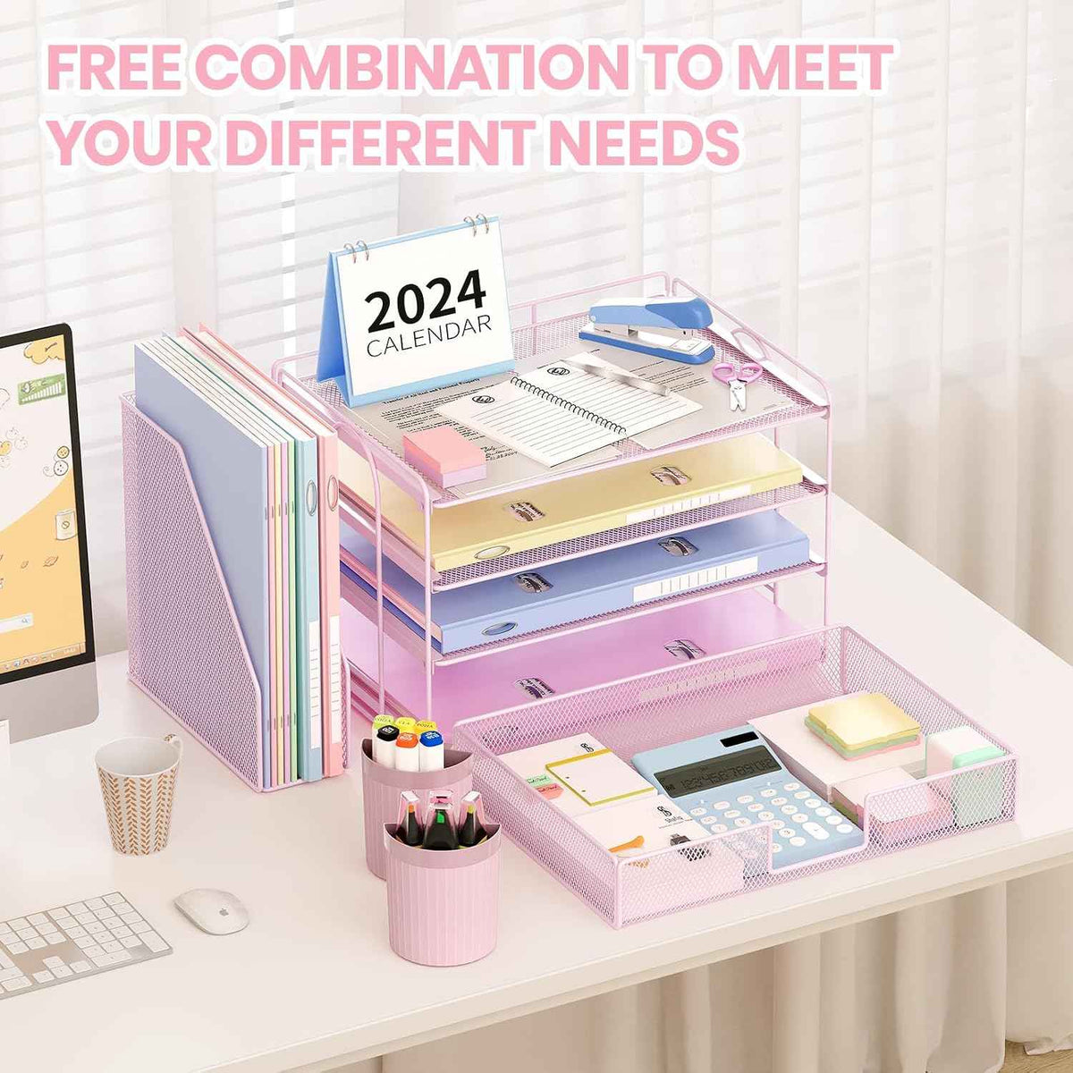 Desk Organizer, 4-Tier Desktop File Organizer with Drawer and Pen Holders, Office Desk Accessories, File Sorters, Workspace Organizers for Office Supplies(Pink)