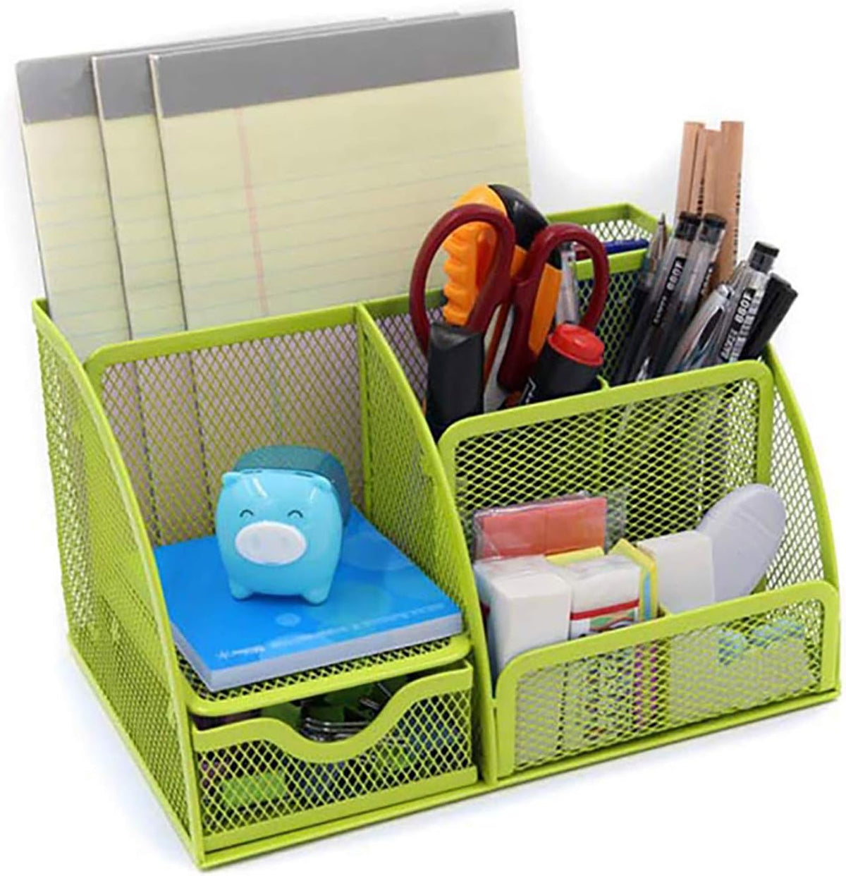 VANRA Office Supply Caddy Mesh Desk Organizer School Supply Holder 6 Compartments with Drawer (Green) - Field & Nook