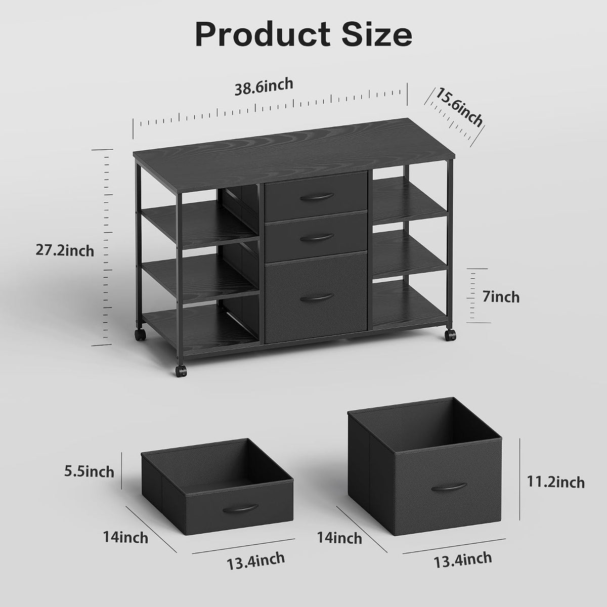 YeTom Mobile File Cabinet,Lateral Filing Cabinet with 3 Fabric Drawers,Rolling Printer Stand with 4 Open Storage Shelf for Home Office,Black - Field & Nook