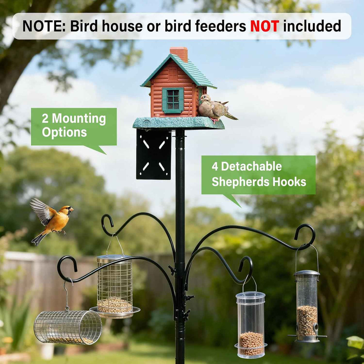 99 Inch Bird Feeder Pole with Squirrel Baffle, 360° Rotating Heavy Duty Bird House Pole for Outdoors Garden Yard, Adjustable Height Bird Feeder Stand with Shepherds Hooks Metal Trays