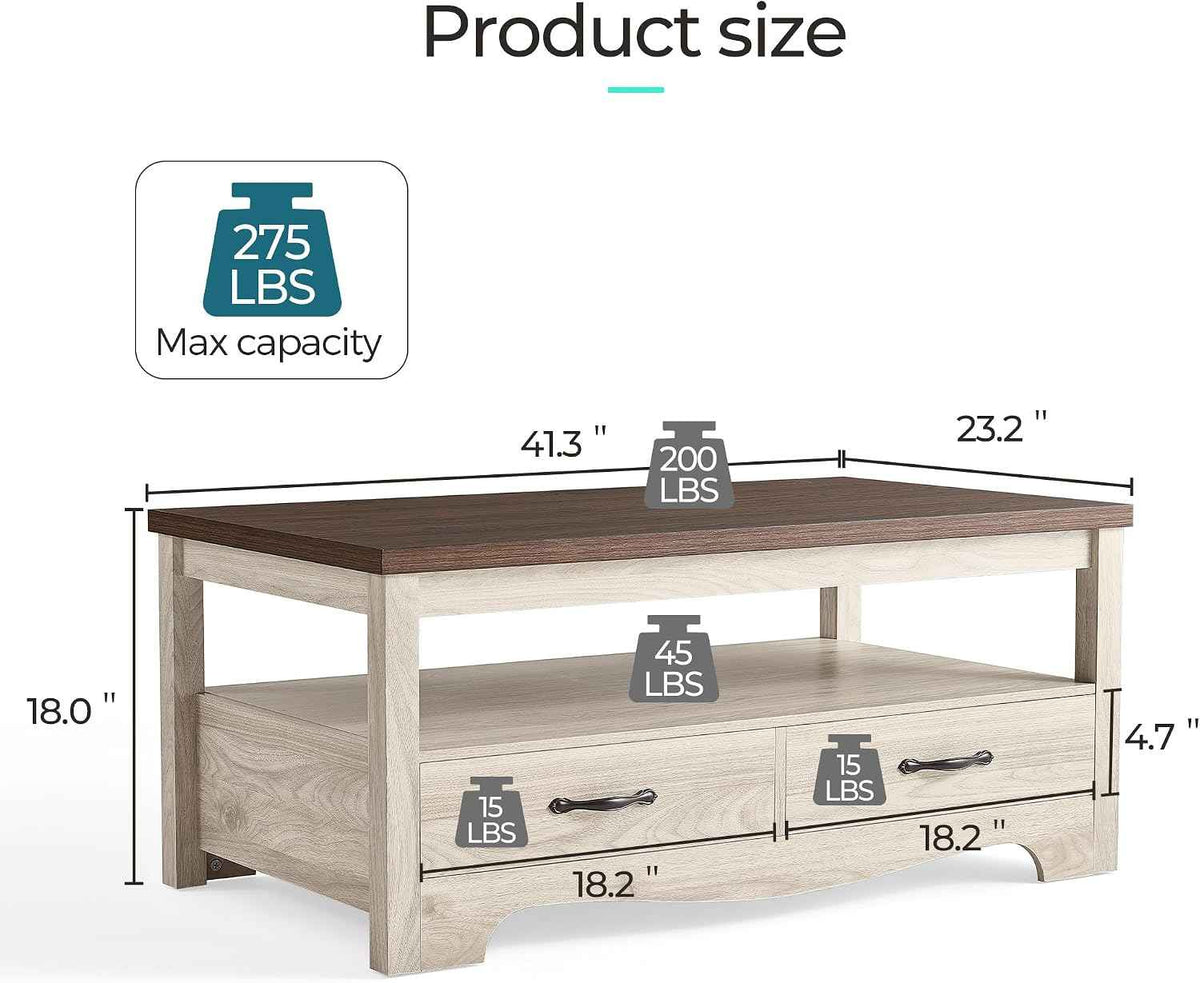 LINSY HOME Farmhouse Coffee Table with Storage, Oak and Brown