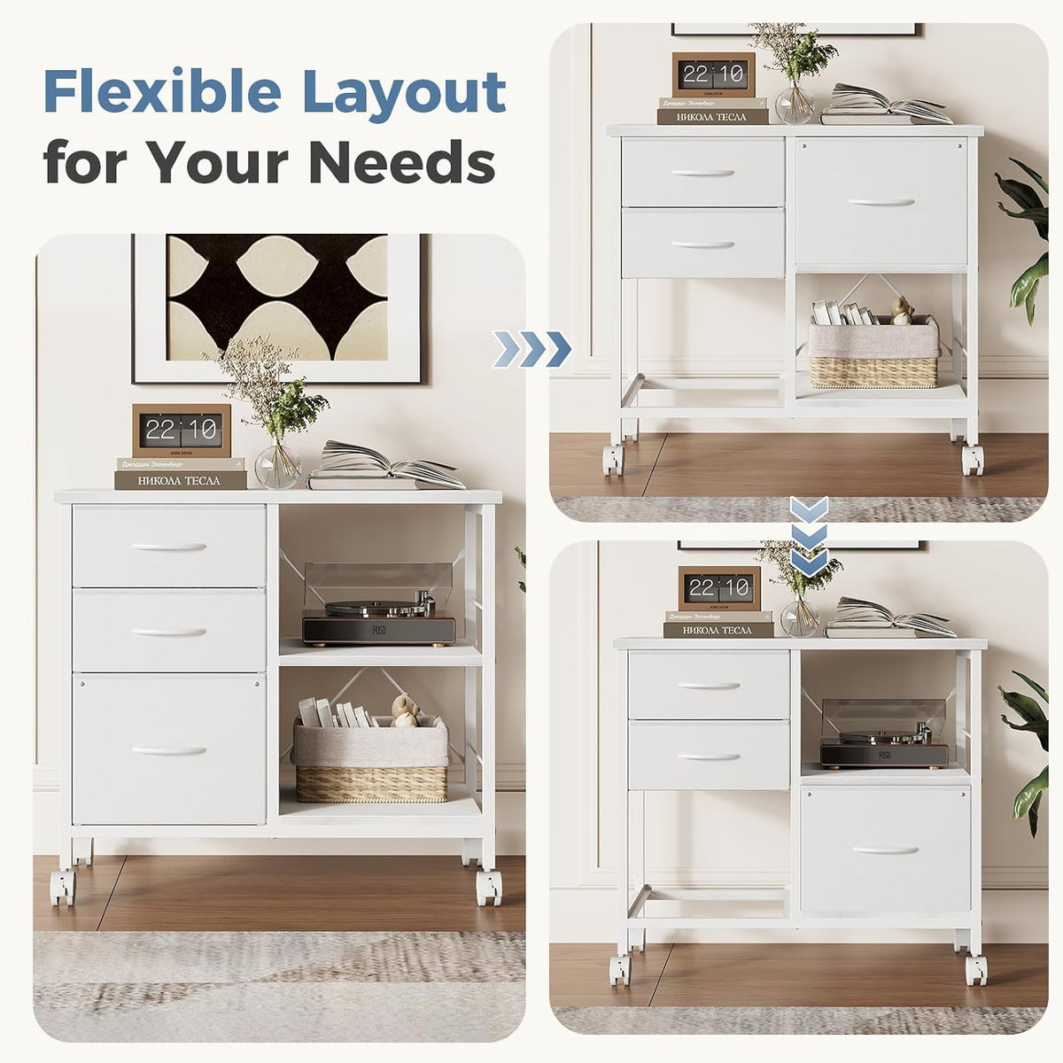 DUMOS 3-Tier Mobile File Cabinet, Rolling Printer Stand with Storage | Fabric Lateral Filing Cabinet fits A4/Letter Size, Under Desk Drawer Cabinet, Printer Cart for Home Office, White - Field & Nook