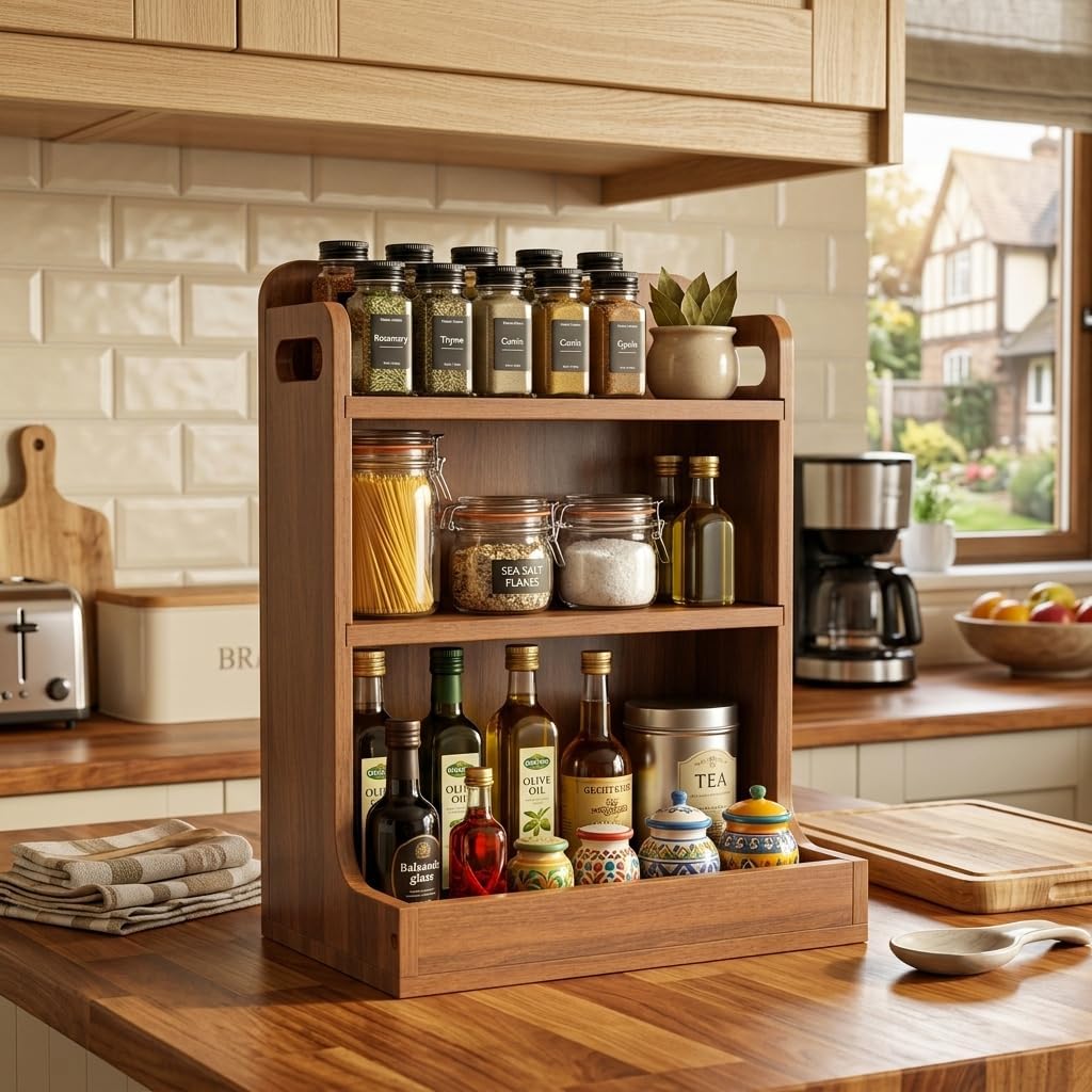 Solid Wood 3-Tier Spice Rack Countertop Organizer Kitchen Storage Shelf - Field & Nook