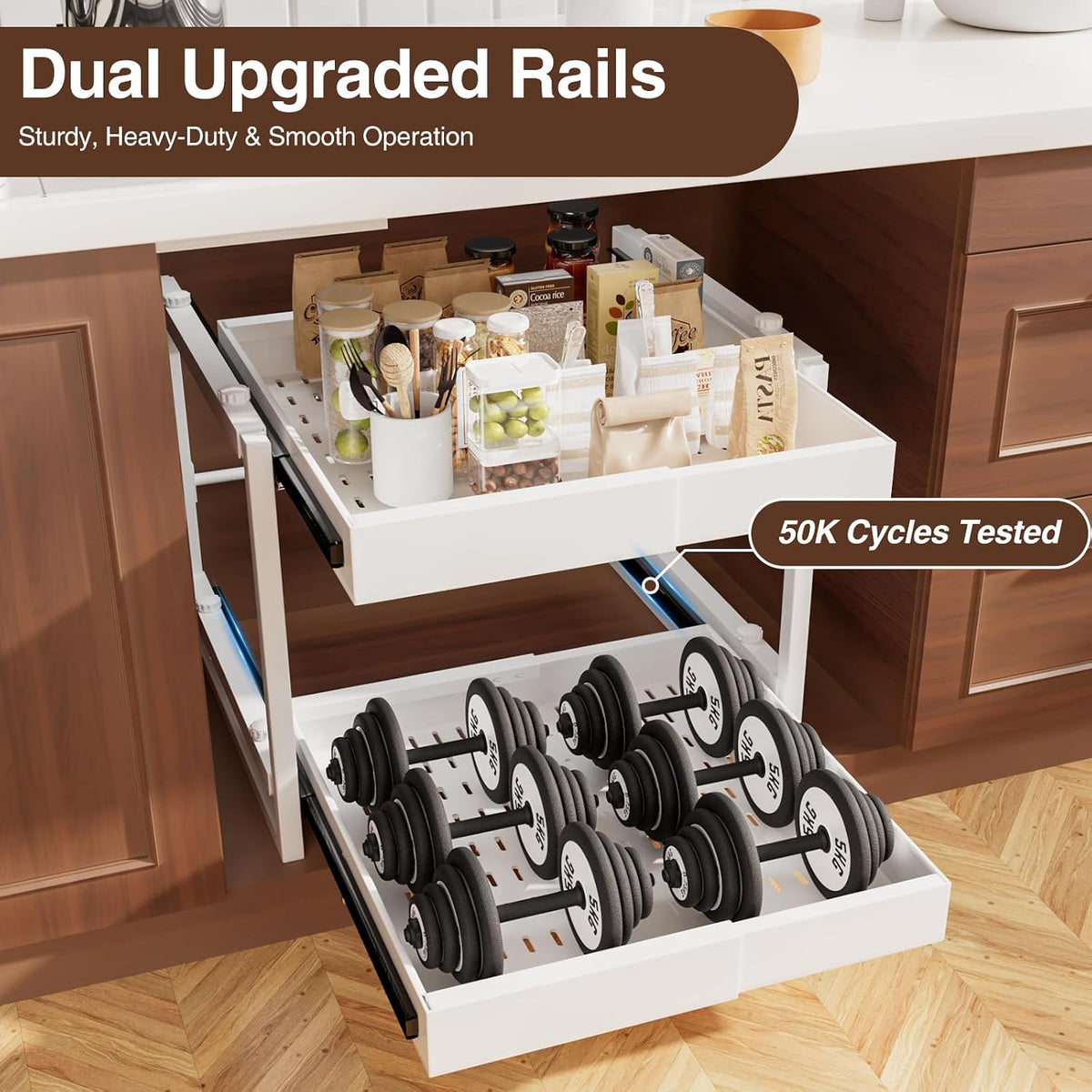 2-Tier Expandable Pull Out Cabinet Organizer, Heavy Duty Adjustable Width Metal Slide Out Shelf, No Screw Cabinet Storage Rack for Kitchen Bathroom 17in Depth Cabinet（White） - Field & Nook