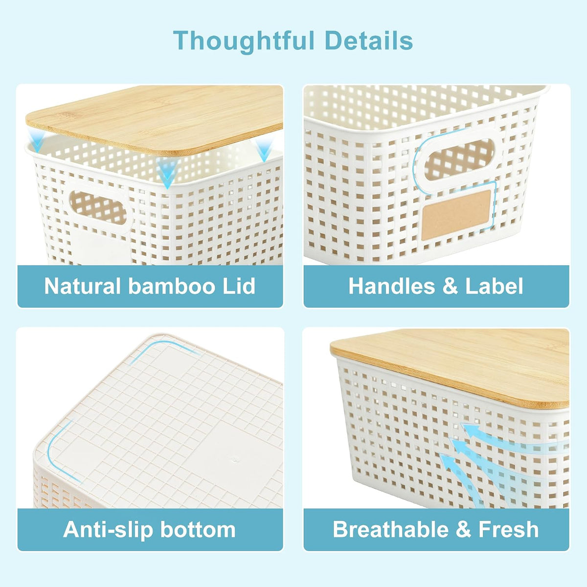 Small Plastic Storage Bins with Bamboo Lids 5.2qt Stackable Box Basket Pantry Decorative Containers Cute with Labels for Organizing Desktop Closet Office Cream White of 6 packs 10*7.2*4.1" - Field & Nook