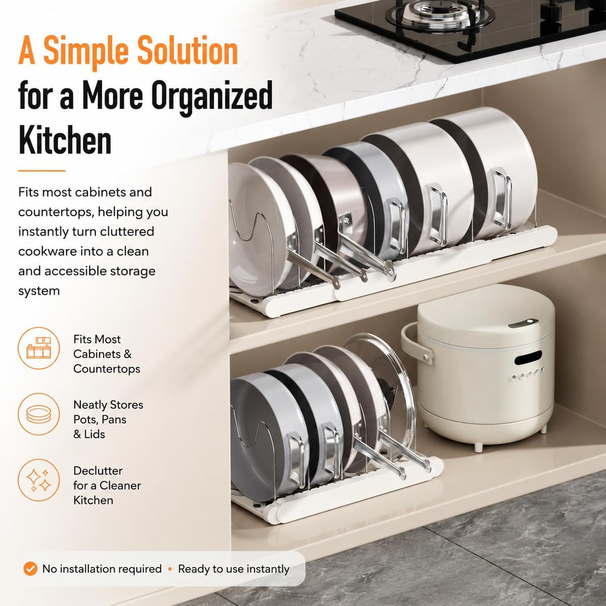 Expandable Pots and Pans Organizer, 9 Adjustable Slots, White