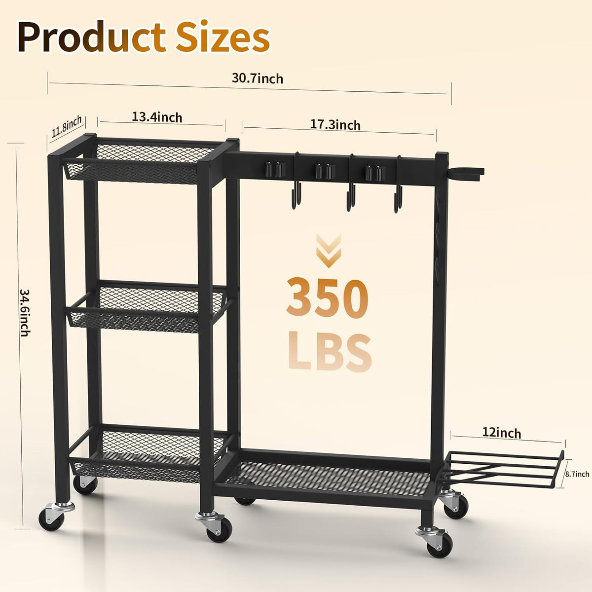 Broom Holder with Cleaning Supplies Organizer, 30.7"Wx11.8"Dx34.6"H | Load 350 LBS, Cleaning Cart with Wheels, 3-Tier Shelves, 6 Mop Hanger Grippers & 3 Double-Hooks, Vacuum Stand for Laundry - Field & Nook