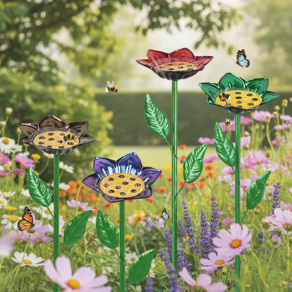 dreamysoul 4 Pack Bee Watering Station, Decorative Metal Bee Bath with Colorful Flower Design for Garden Yard Decor