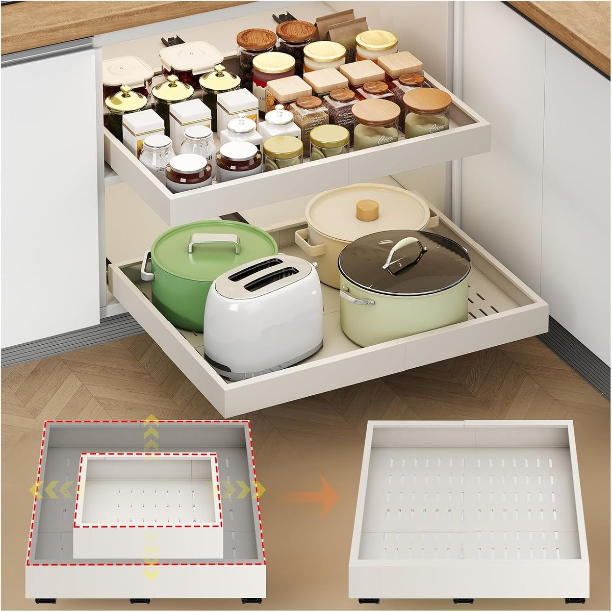 Fokyfok 2Pc Pull out Cabinet Organizer,14"-21"W,17"-24"D,Expandable | No Drill,Adjustable,Roll out Drawers,Adhesive Sliding Drawers,Slide out Shelves for Cabinets Without Lip,Kitchen,Pantry,White - Field & Nook