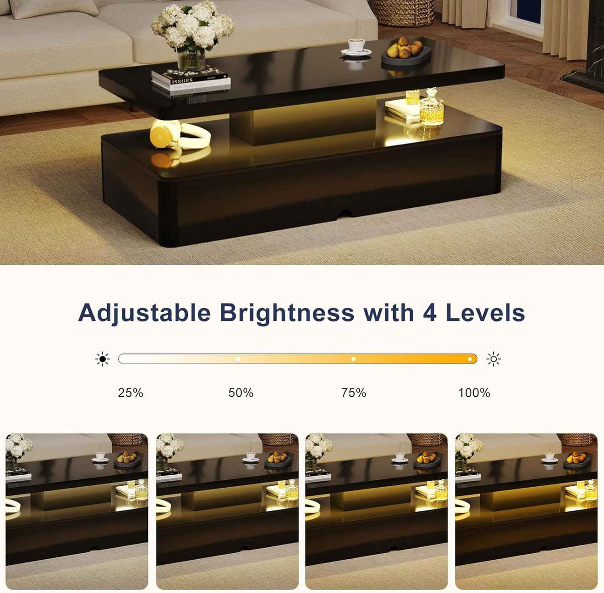 MXV 40" Modern Coffee Table with LED Lights, Black