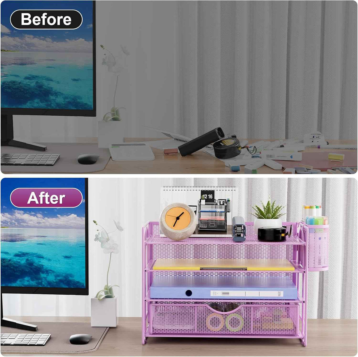 Marbrasse Desk Organizer, 4-Tier Paper File Letter Tray, Purple | Sturdy Paper Tray, File Holder, Built-in Drawer, 2 Pen Slots, fits Letters/Files, for School Home Office Supplies