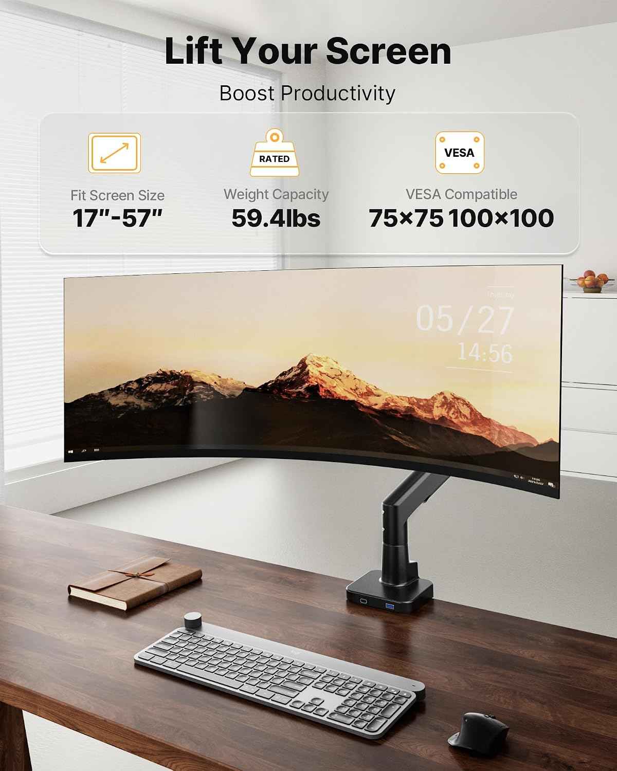 monTEK USB Monitor Arm for 17-57" Ultrawide, 59.4 lbs, Black | USB-A/C ports, pneumatic lift, quick-release VESA 75/100 plate, clamp/grommet bases and cable management