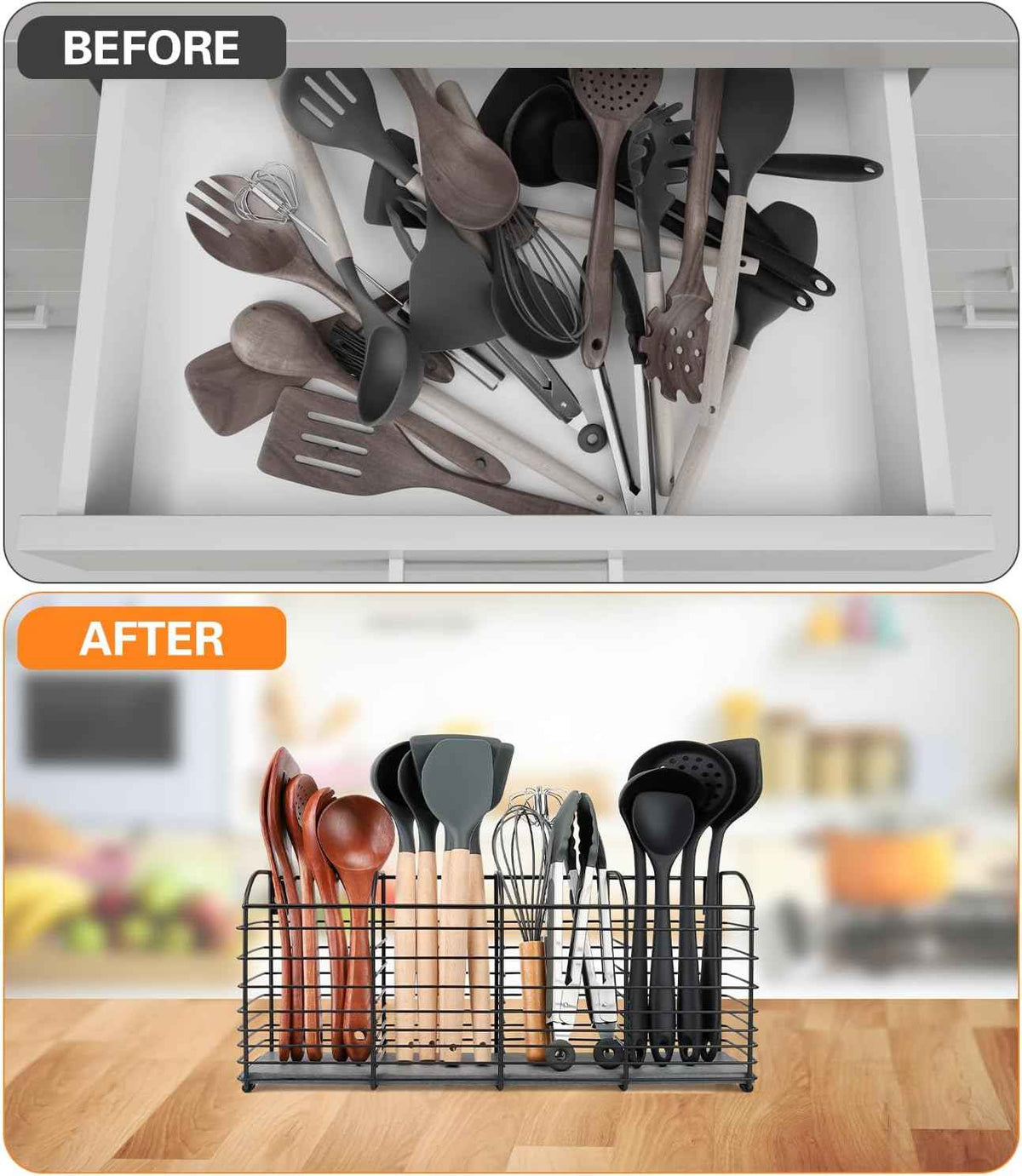 Kitchen Utensil Holder, 4-Compartment, Matte Black