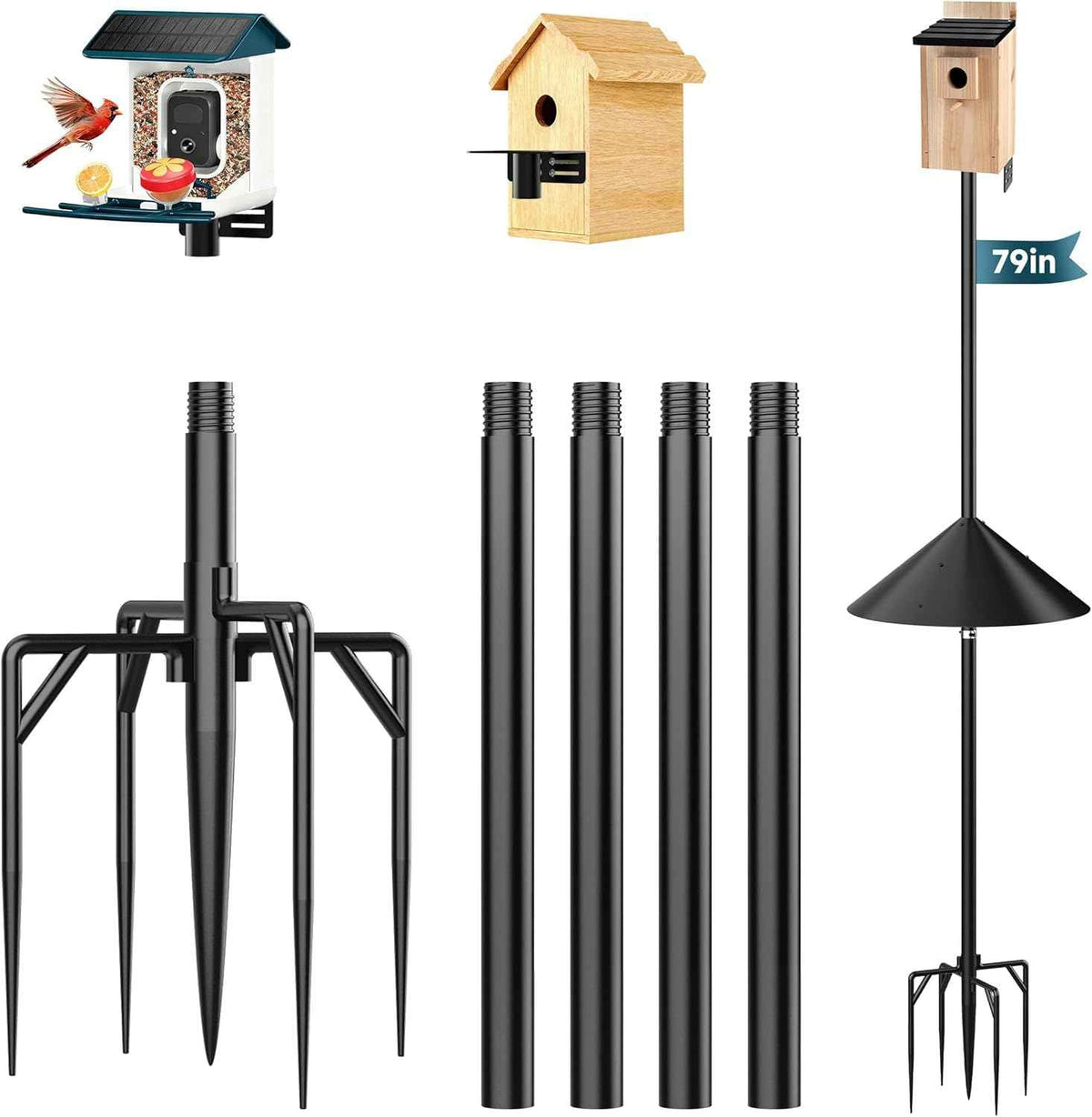 79" Smart Bird Feeder Pole Stand with 19" Proof Squirrel Baffle - Dia 1 Inch Bird House Pole for Camera Birdfeeder, Feeding Station for Outdoors Heavy Duty, Compatible Post Mount
