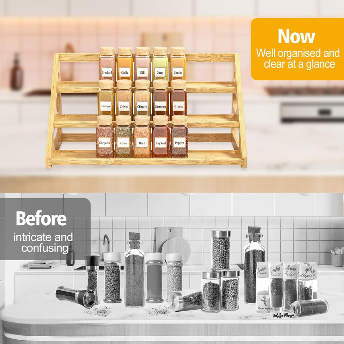 Premium Spice Rack - 3 Tier Bamboo Spice Rack Organizer - Spice Organization for Kitchen Cabinet/Countertop - Field & Nook