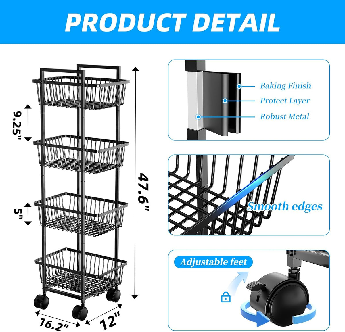 Simple Trending 4 Tier Rolling Fruit Vegetable Basket Cart, Black | Metal Wire, Kitchen Storage Organizer, On Wheels, For Bread Onion Potatoes