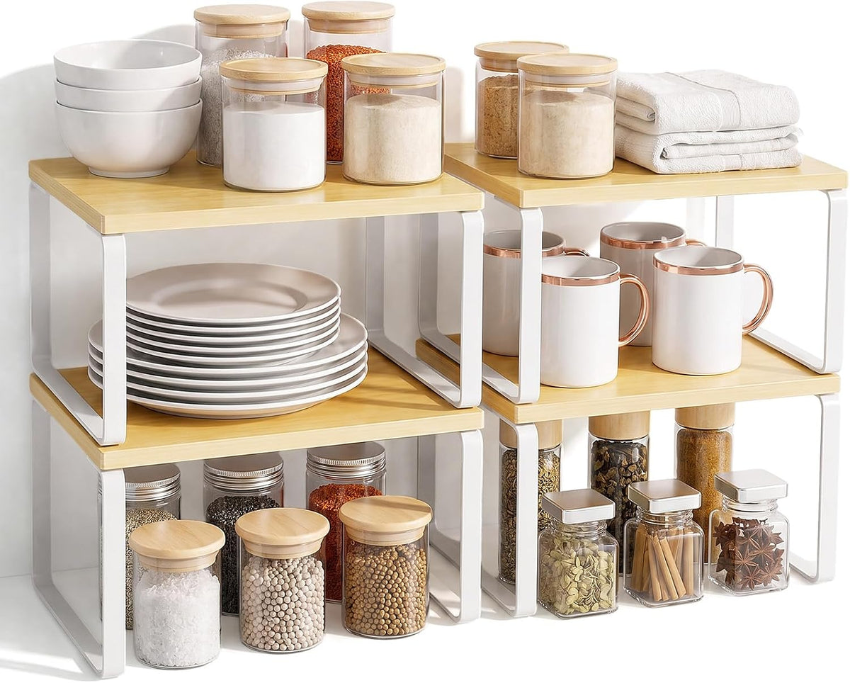 LAMU Cabinet Organizer Shelf, Set of 4 Expandable Kitchen Counter Shelve Plate Organizer for Cabiner, Stackable Spice Rack, CupBoard Organizers and Storage, Wood - Field & Nook