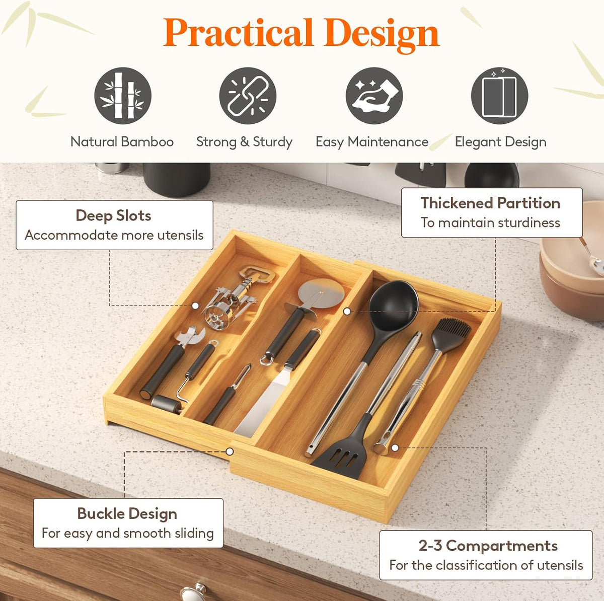 Lifewit Expandable Utensil Organizer, 8.9-15.8 x 15.75, Natural