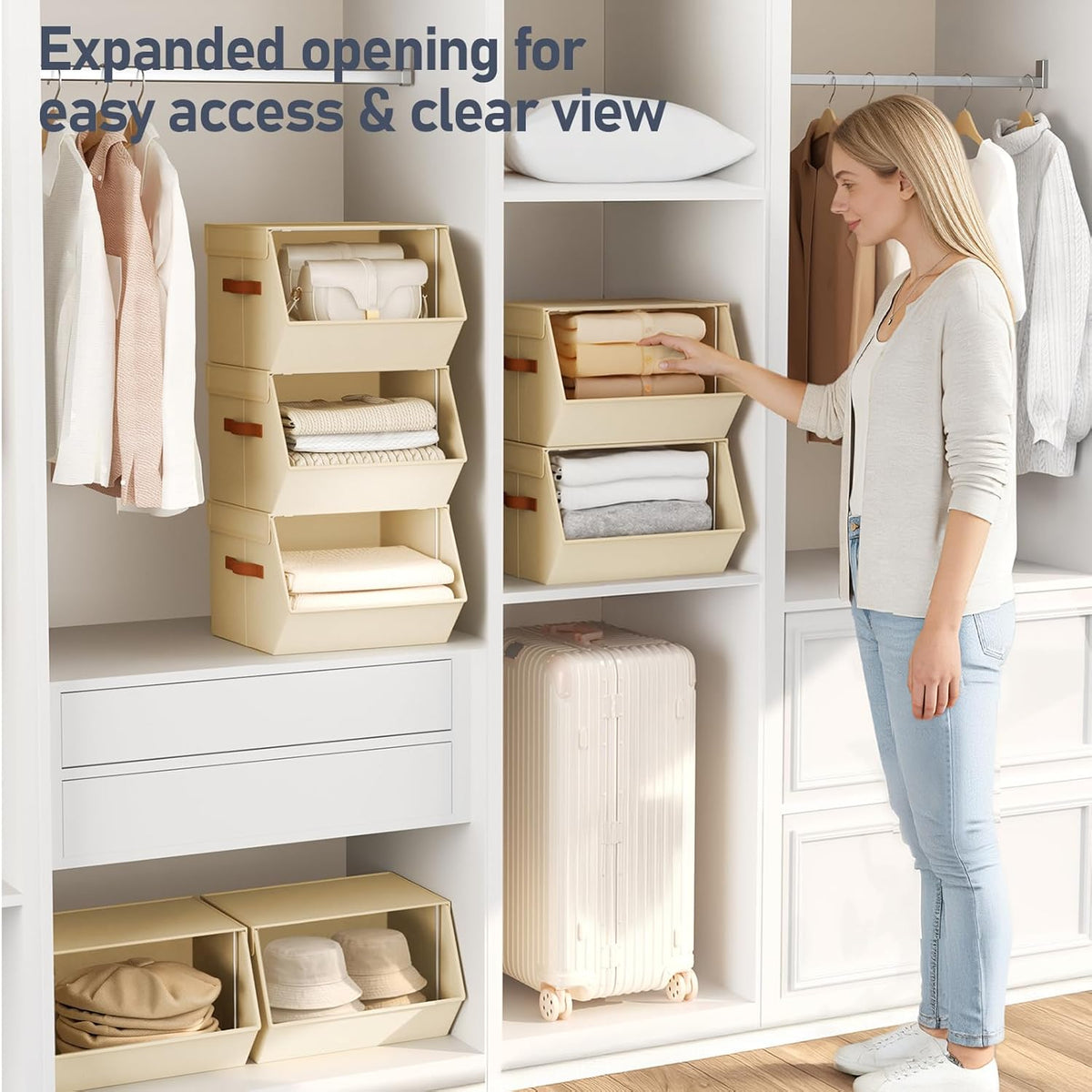 Stackable Closet Organizers and Storage Bins, Open Front Closet Shelf Organizer System With Steel Frame, Clothes Storage Basket Fabric, Collapsible Closet Drawers for Wardrobe, Nursery ,Toy, 4 Pack - Field & Nook