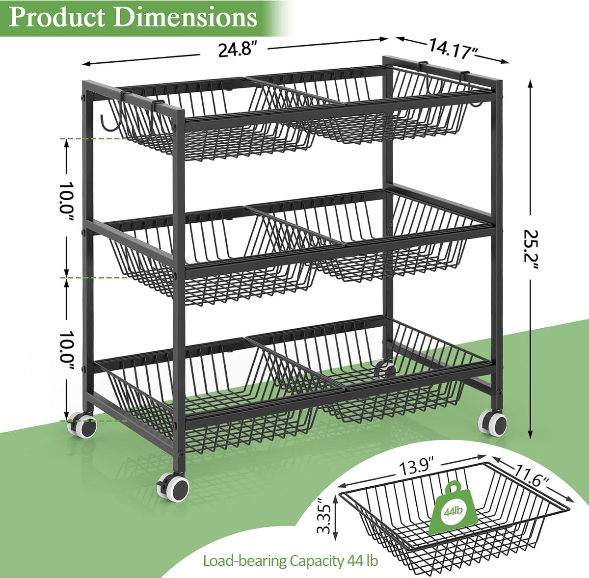 3-Tier Rolling Pantry Floor Organizer Cart with 6 Detachable Baskets, Metal Wire Fruit Basket Stand with Wheels, Kitchen Storage Cart for Fruit Vegetables, Snack Cart for Pantry Kitchen Living Room