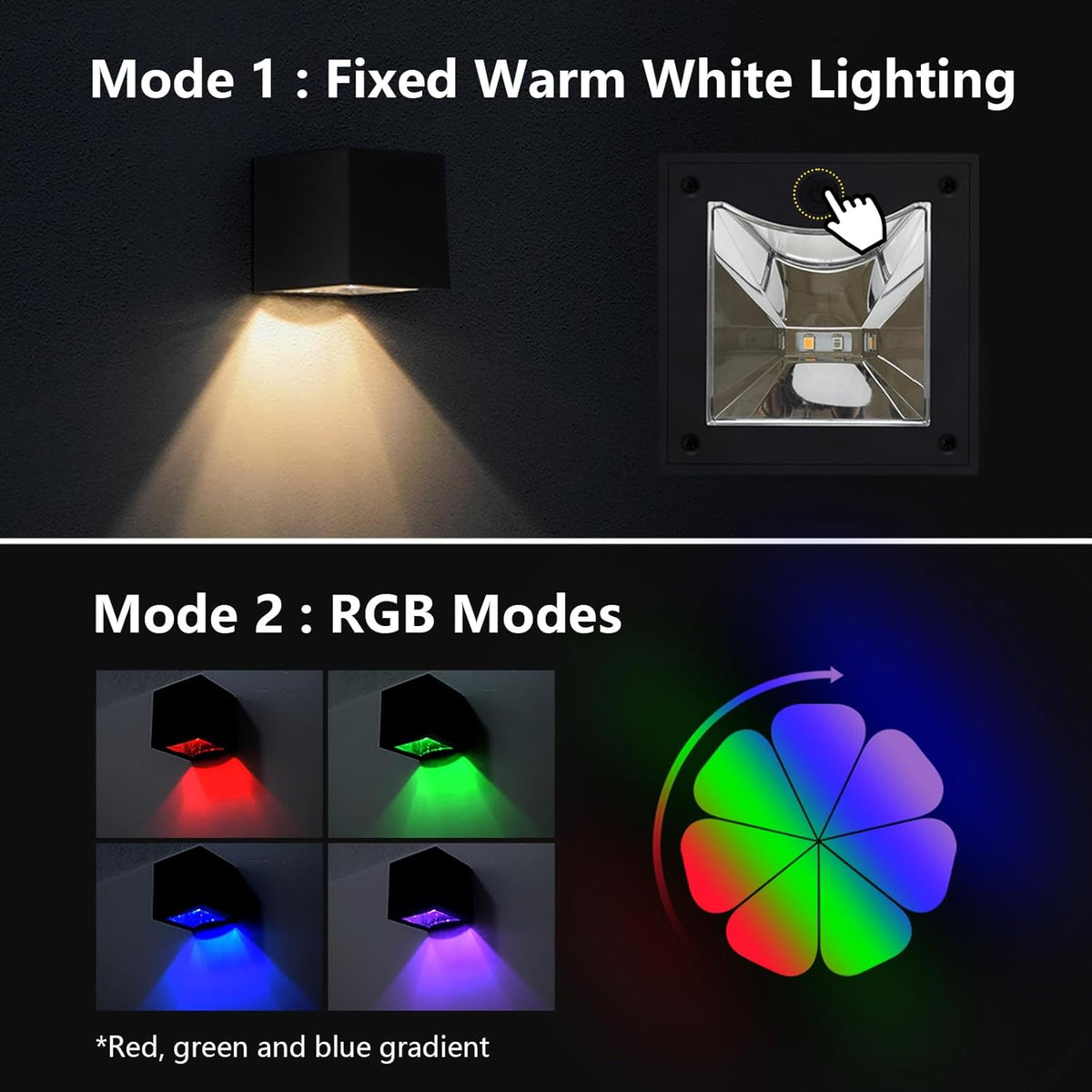 Solar Wall Lights Outdoor for Mailbox, House Numbers, Address, 2 Pack | Wall Mount Downlights Dusk to Dawn Solar Powered 3000K Warm White & Cycling RGB Mode 4 X 4 in Modern Square LED Auto on/off