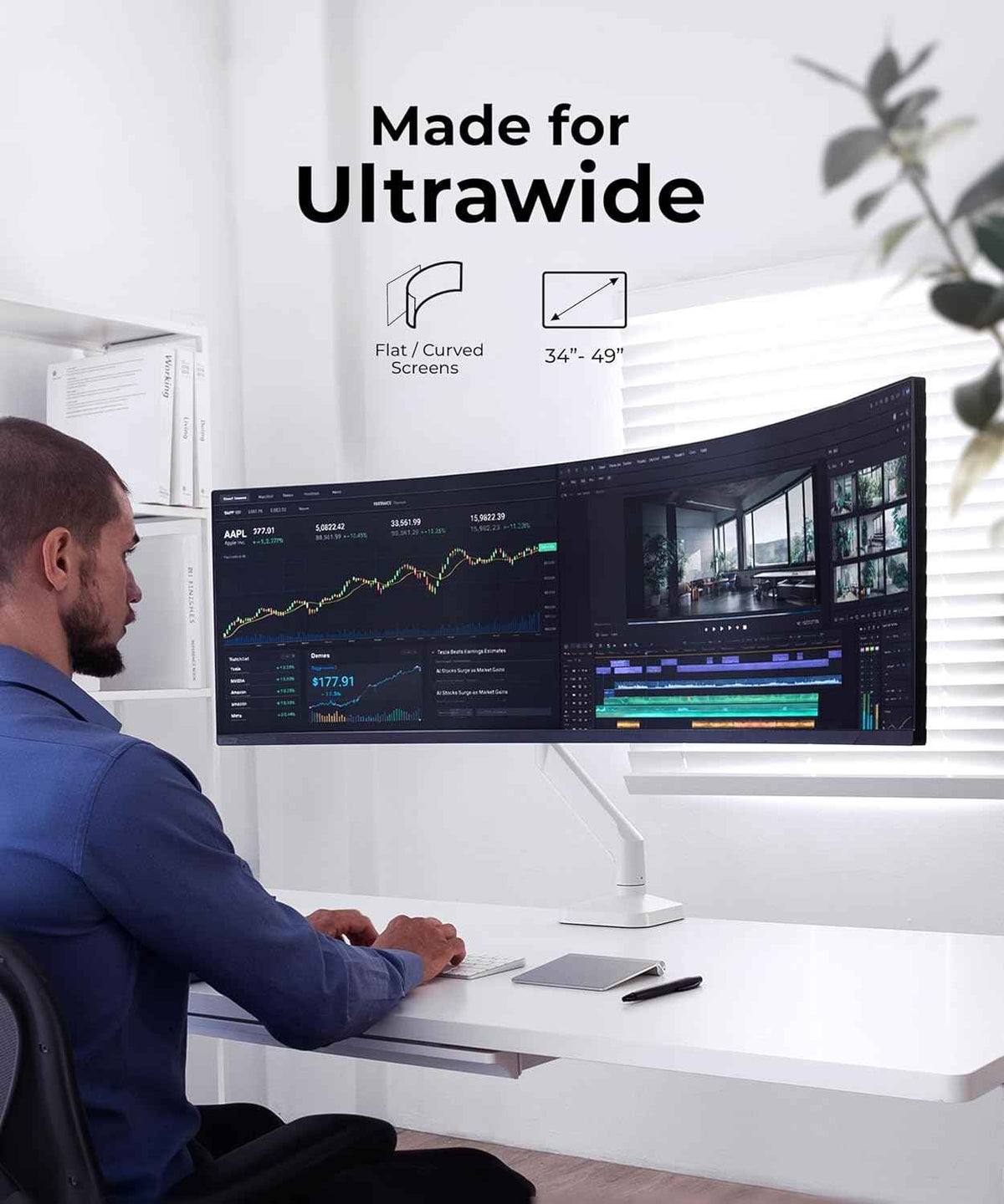 Modernsolid Heavy Duty Monitor Arm Desk Mount for 34-49 Inch Ultrawide Curved Monitors, Supports 14-38 lbs, Gas Spring Ergonomic Full Motion with Cable Management, Red Dot Design Awarded, White