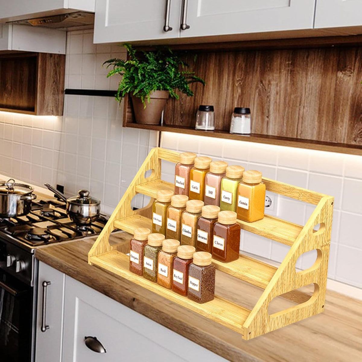 Premium Spice Rack - 3 Tier Bamboo Spice Rack Organizer - Spice Organization for Kitchen Cabinet/Countertop - Field & Nook