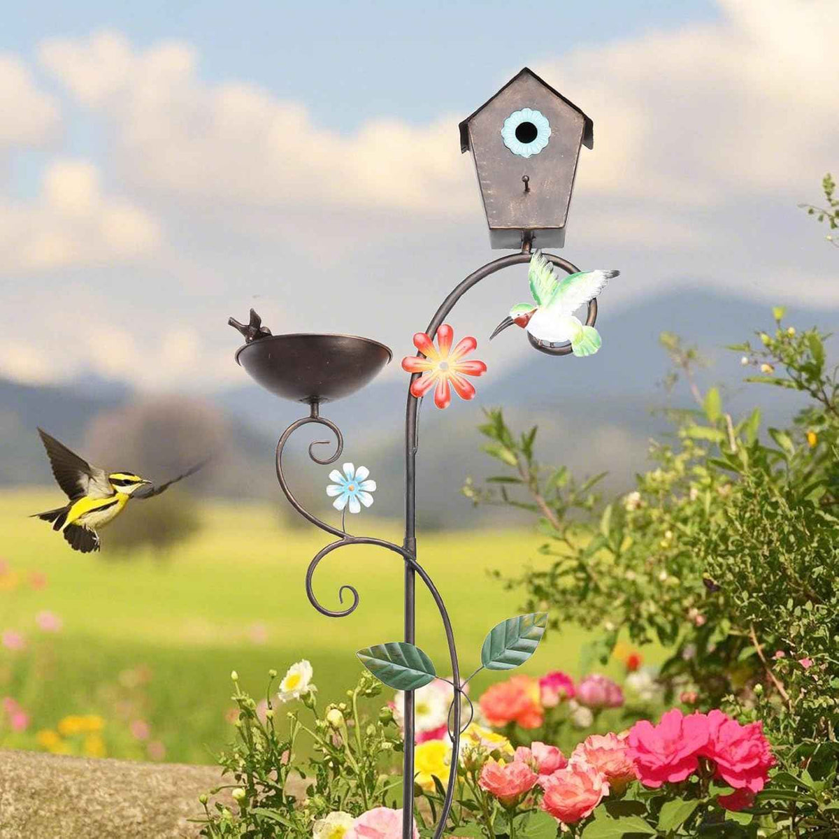 Yinns Metal Bird House, Decorative Birdhouse Stake with Bowl for Yard Decor | 69“ Bird House with Baths Bird Pole, Heavy Duty Birdhouse Stake for Outdoor Metal Bird Bath Bowl for Outside Garden Decor