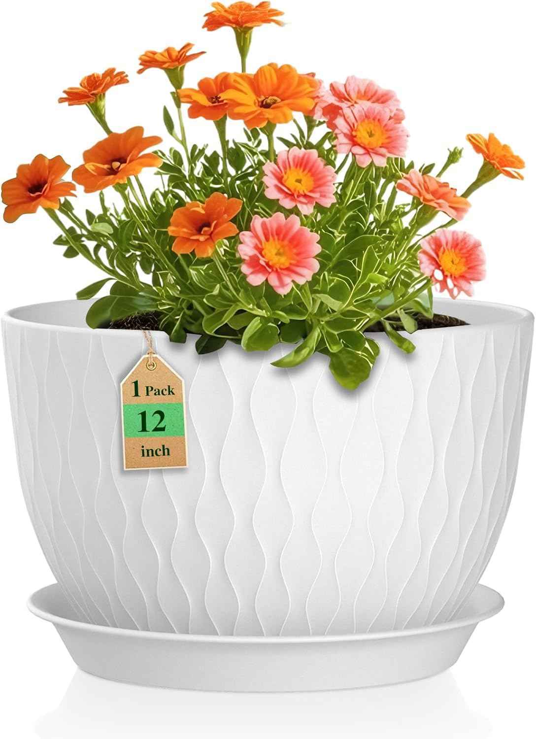 WSMKSZ 12 Inch Large Plant Pots for Indoor or Outdoor Plants, Wide Water Ripples Flower Pots with Drainage Holes & Saucer, Plastic Planters Set for Garden & Home Decor (White)