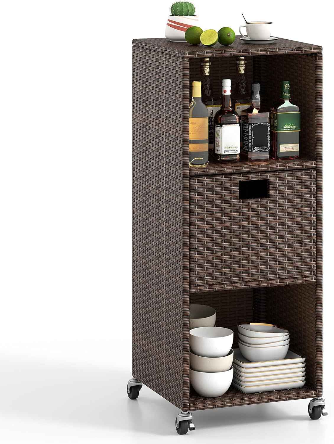 Tangkula Rattan Outdoor Storage Cabinet, Patiojoy Outdoor Wicker Cabinet with 3 Shelves, 1 Removable Drawer, 4 Wheels, Patio Storage Deck Box Cart for Backyard Poolside Porch (Mix Brown)