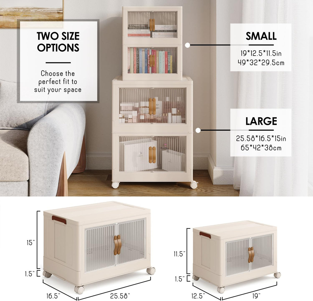 4 Tier Plastic Stackable Storage Bins Open Front with Lids & 360° Wheels 35 QT - Collapsible Storage Bins Home Office Closet Storage Organization, Foldable Clothes Storage Cabinet, 8.8 GAL - Field & Nook