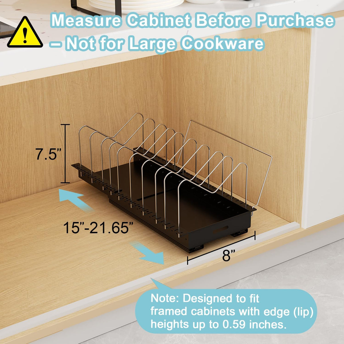 Pots and Pans Organizer Under Cabinet - 22" Deep Expandable | Pot Organizers inside Cabinet with 10 Adjustable Dividers & Handrail, No Drill Pot Lid Holder, Sliding Pot Lid Holder, 1 Pack - Field & Nook