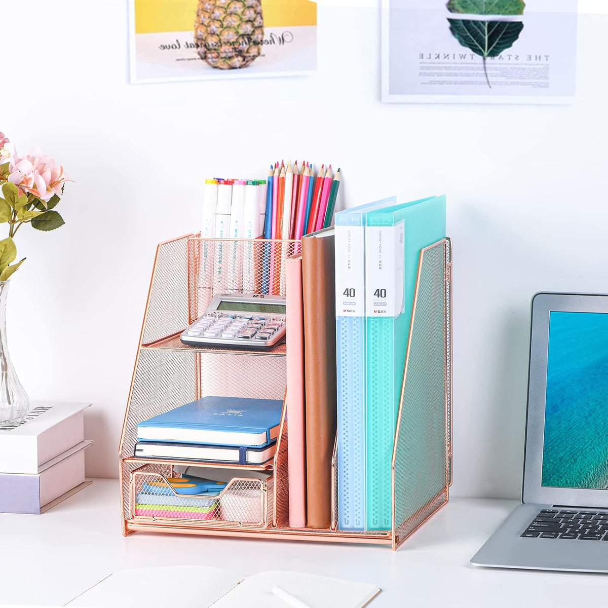 Topwey Rose Gold Desk Accessories, Office Supplies Desk Organizer Caddy with Sliding Drawer, Double Tray, File Organizer and pen holder for Home, Office School - Field & Nook