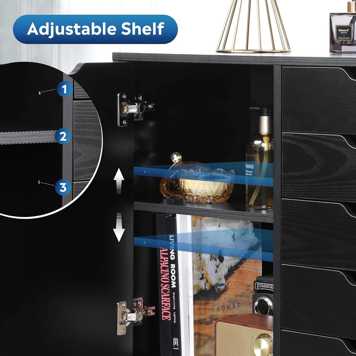 5-Drawer Wood Drawer Cabinet, Office Storage Cabinet with Adjustable Shelf & Wheels, Printer Stand for Home Office, Black, 15.7" D x 30.7" W x 25.4" H - Field & Nook