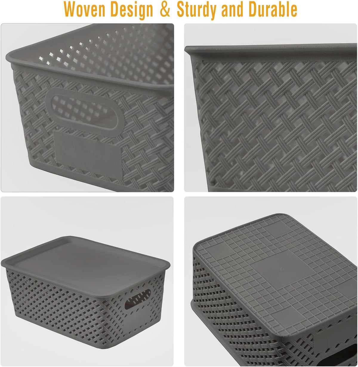 Small Plastic Twill Woven Storage Baskets with Lids, Stackable Organizing Containers with Labels for Pantry Closet Office, 6-Pack,10.35"x7.3"x4.09", Gray - Field & Nook