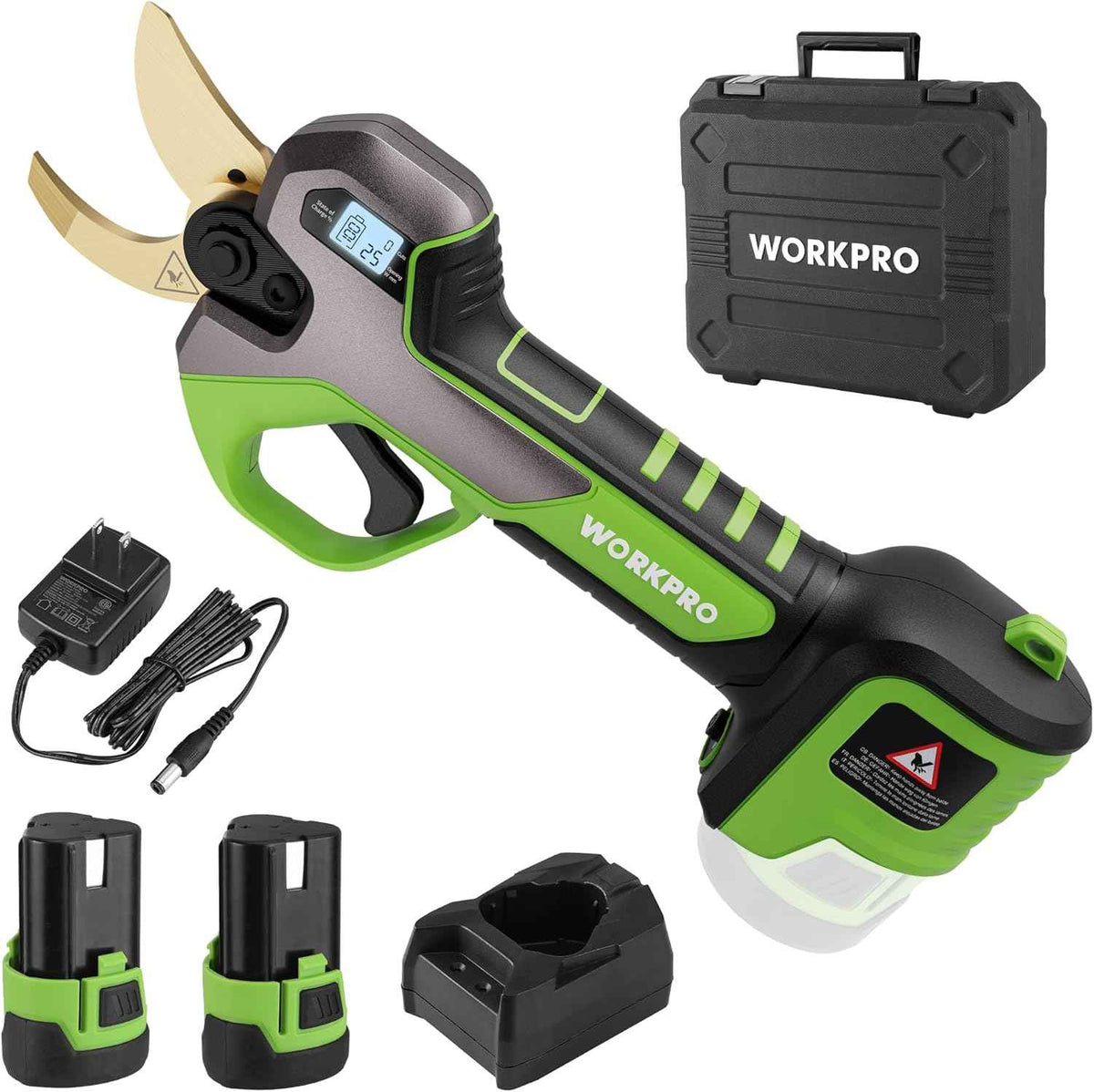WORKPRO 12V Electric Pruning Shears, Battery Powered Pruning Shears, Cordless Tree Pruner, 1.2 Inch Cutting Diameter, Branch Cutter Gardening Scissors with 2 Pack Rechargeable Battery and Fast Charger