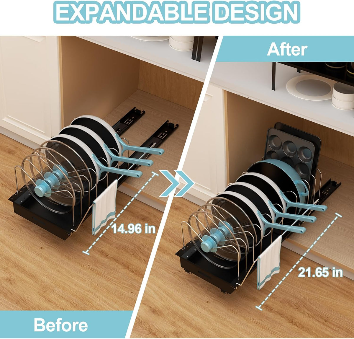 Pots and Pans Organizer Under Cabinet - 22" Deep Expandable | Pot Organizers inside Cabinet with 10 Adjustable Dividers & Handrail, No Drill Pot Lid Holder, Sliding Pot Lid Holder, 1 Pack - Field & Nook