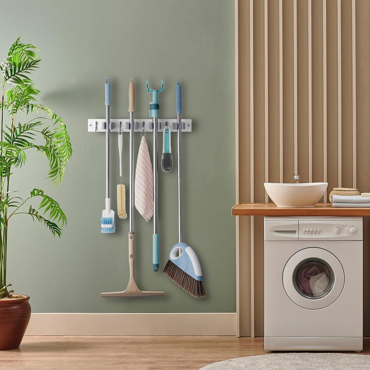 White Mop Broom Holder Wall Mount with 4 Slots & 4 Hooks - Field & Nook