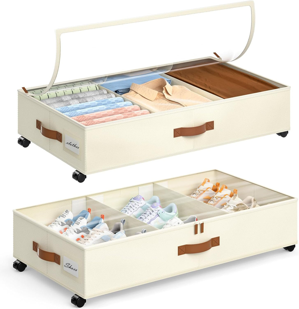 Yecaye Under Bed Storage with Wheels, 2 Pack Under Bed Storage Containers with Adjustable Dividers & Clear Lid, Rolling Underbed Organizer Bins Drawer for Clothes, Shoes, Blankets(30.3 x 16 x 6.7in) - Field & Nook