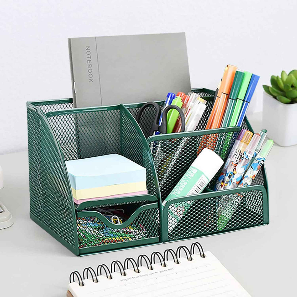 VANRA Office Supply Caddy Metal Mesh Desktop Supplies Organizer School Supply Holder Stuff Storage Organizer 6 Compartments with Drawer (Olive Green)