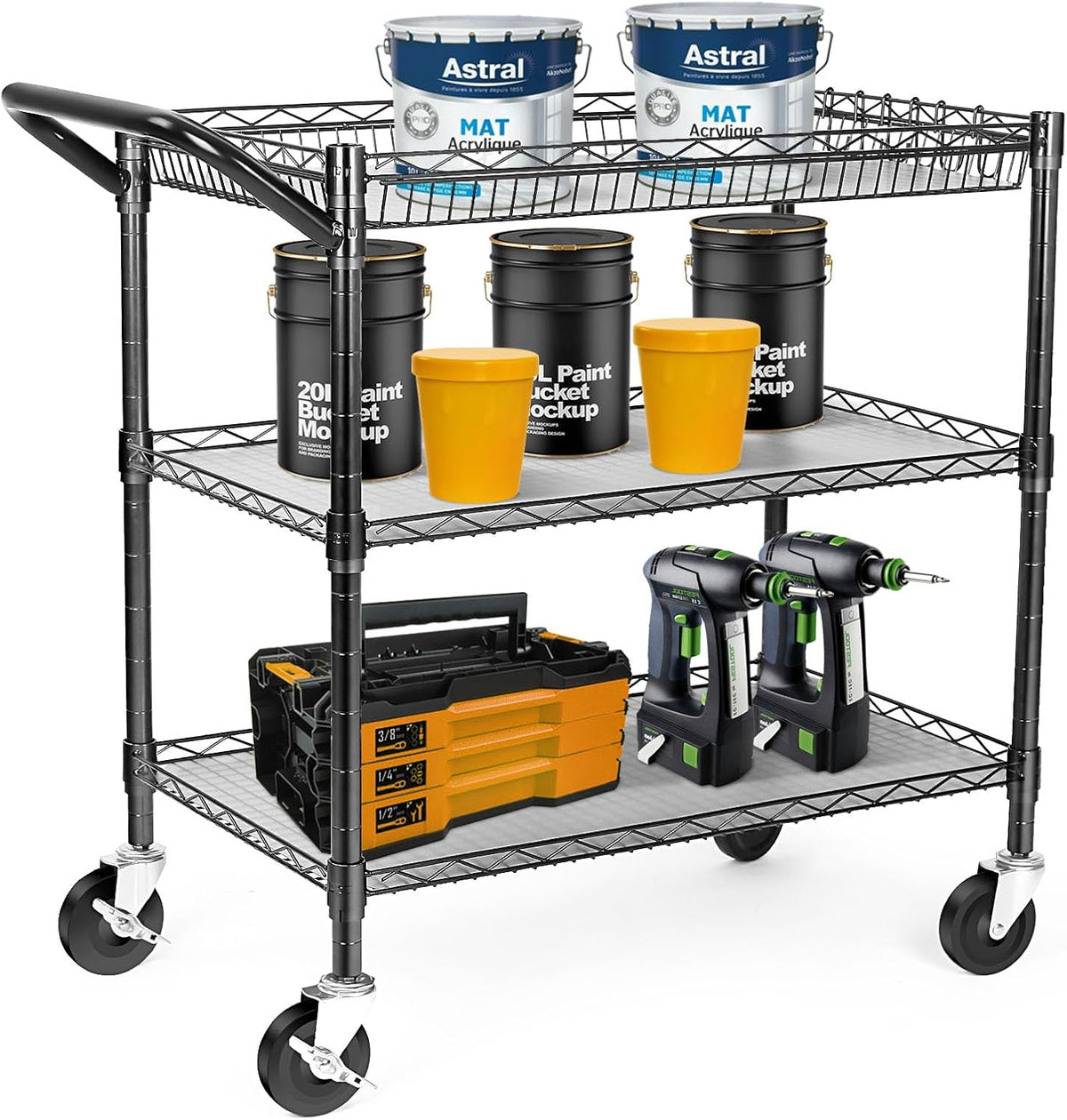 990Lbs Capacity Heavy Duty Rolling Utility Cart, NSF Rolling Carts with Wheels,Commercial Grade Metal Cart with Handle Bar & Shelf Liner,Trolley Serving Cart for Restaurant,Kitchen,Black - Field & Nook
