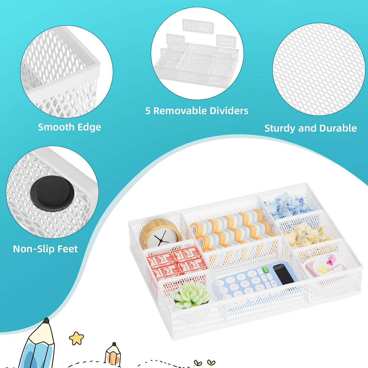 Marbrasse 2 Pack Desk Drawer Organizer, Mesh Drawer Organizer Tray with 8 Adjustable Compartments, Desk Organizers and Accessories, 5 Dividers for Office Supplies, Makeup & Vanity (White) - Field & Nook