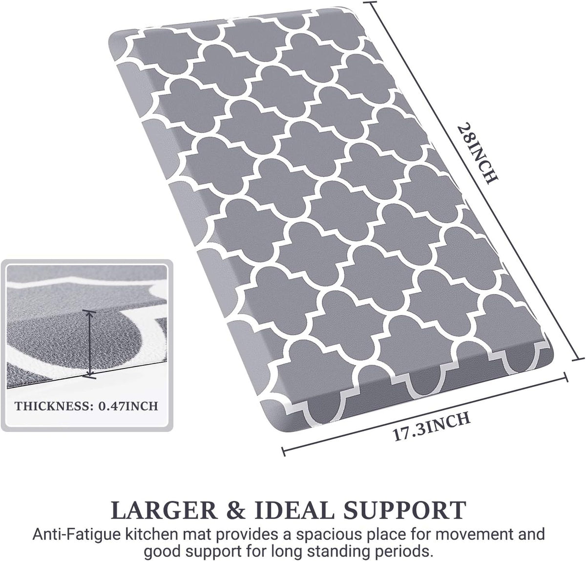 WISELIFE Kitchen Mats and Rugs Cushioned Anti-Fatigue, 17.3"x 28", Grey | Non Slip Heavy Duty PVC, Beveled Edge, Waterproof Ergonomic Comfort Mat for Kitchen, Floor, Sink, Laundry, Office