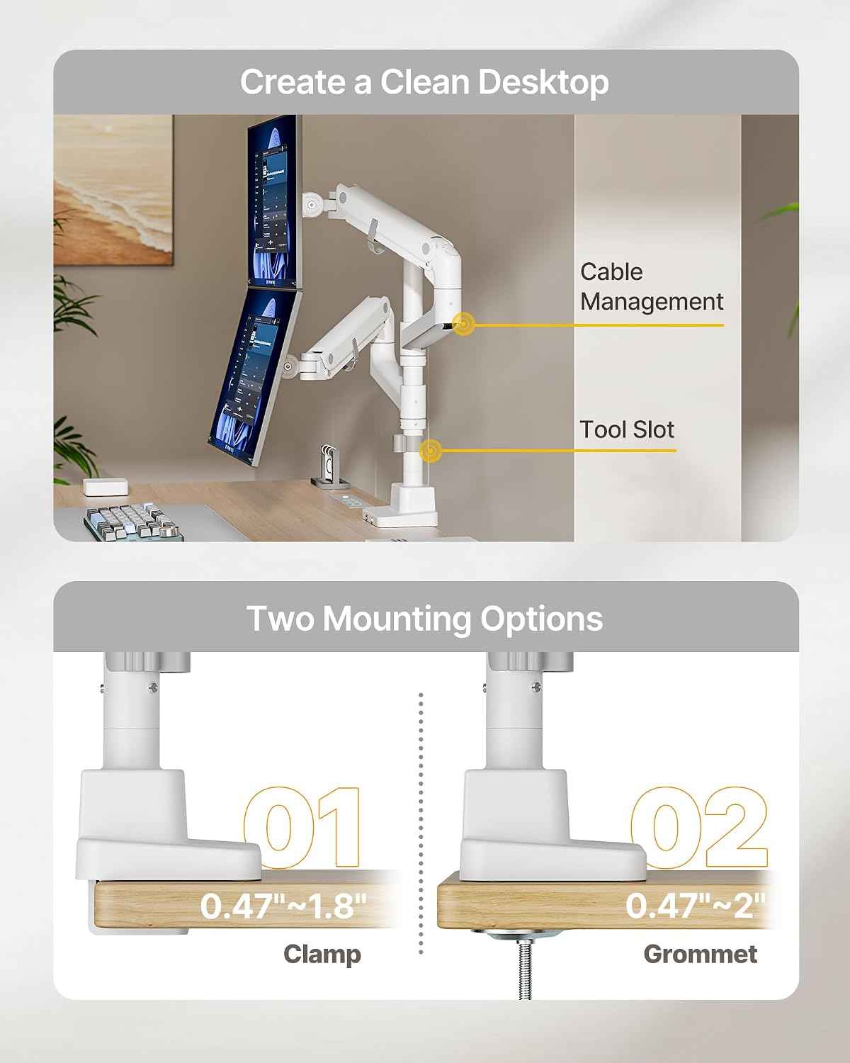 monTEK Dual Monitor Arm, Vertical Stackable 57", Heavy Duty with USB White | Vertical Stackable Gas Spring Arm For 17–57" Ultrawide Monitors,Up To 59.4 Lbs Each, 75/100 VESA Mount with USB 3.0A/C