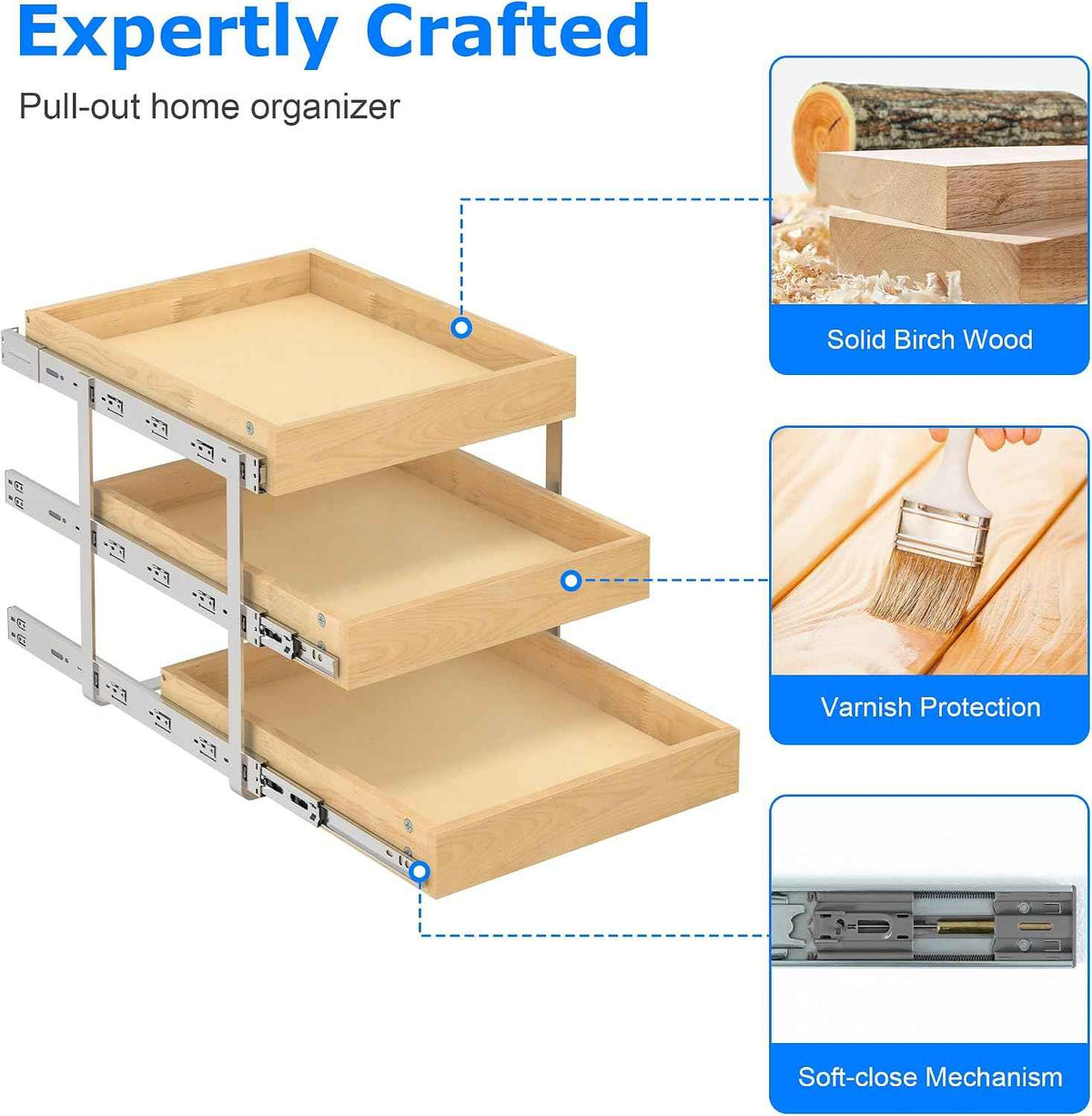 WelFurGeer 3-Tier Pull Out Cabinet Organizer, Birch Wood