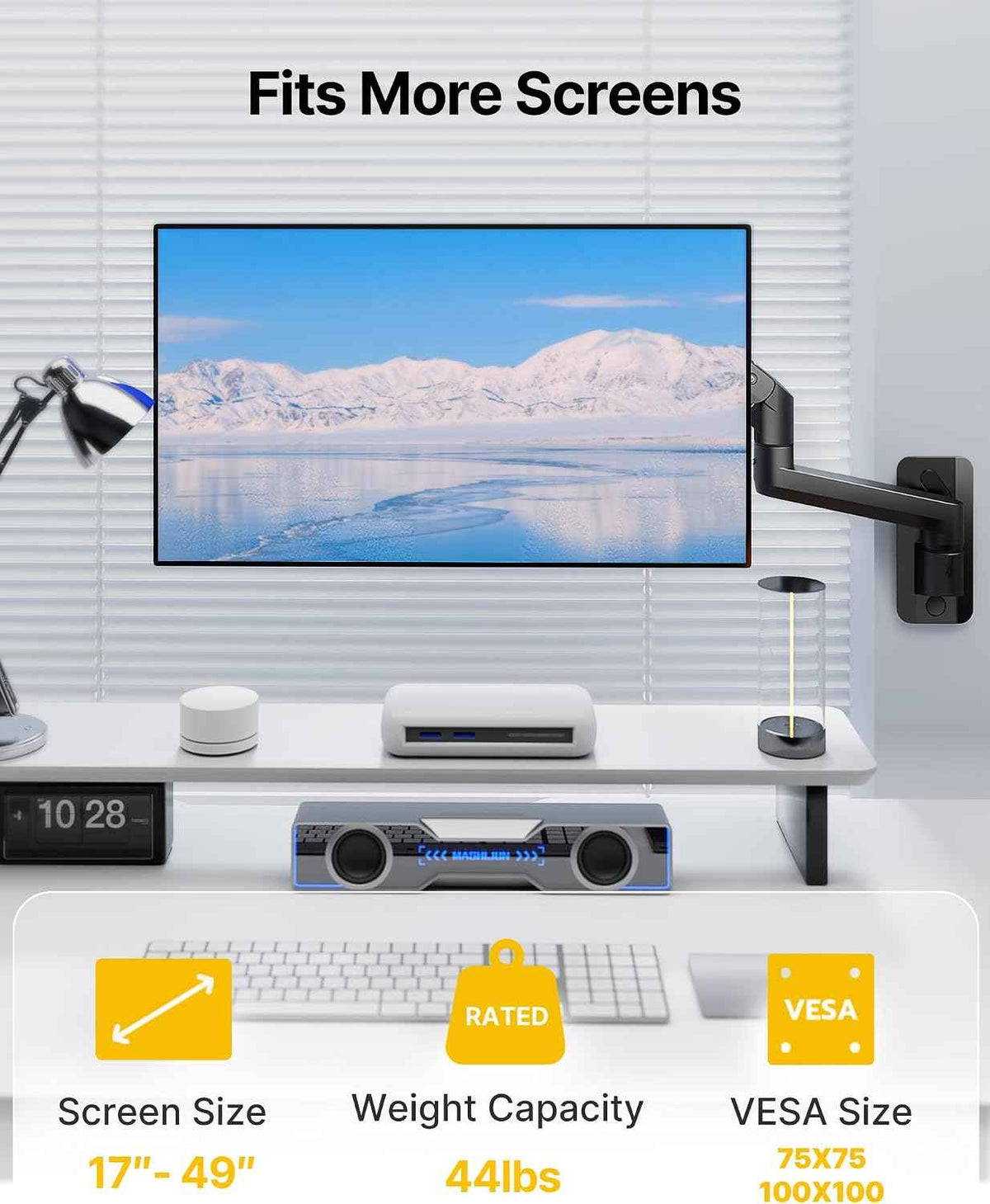monTEK Single Monitor Wall Mount, 17–49" Gas Spring Arm, Up to 44 lbs，Black | Fits 49" Max Ultrawide & Curved Monitors,Rock-Solid Gas Spring Wall Mount, Full Motion Adjustment, 75/100mm VESA Compatible