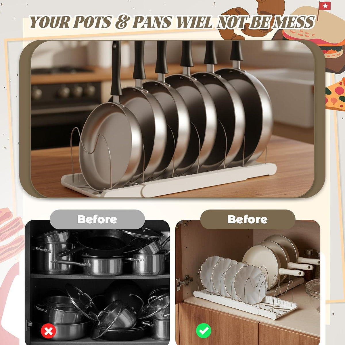 2 Pcs Expandable Pot and Pan Organizer, 7 Dividers