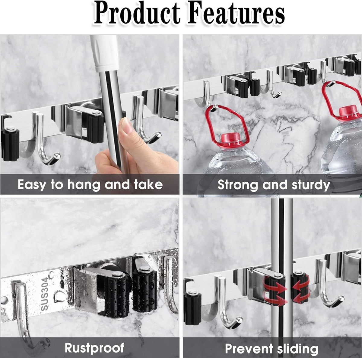 AceMining Broom Holder Wall Mount, 5 Racks 4 Hooks Heavy Duty Mop Organizer | Mop Holder Wall Mount and Broom Hanger for Garage, Laundry Room, Kitchen and Utility Storage - Field & Nook
