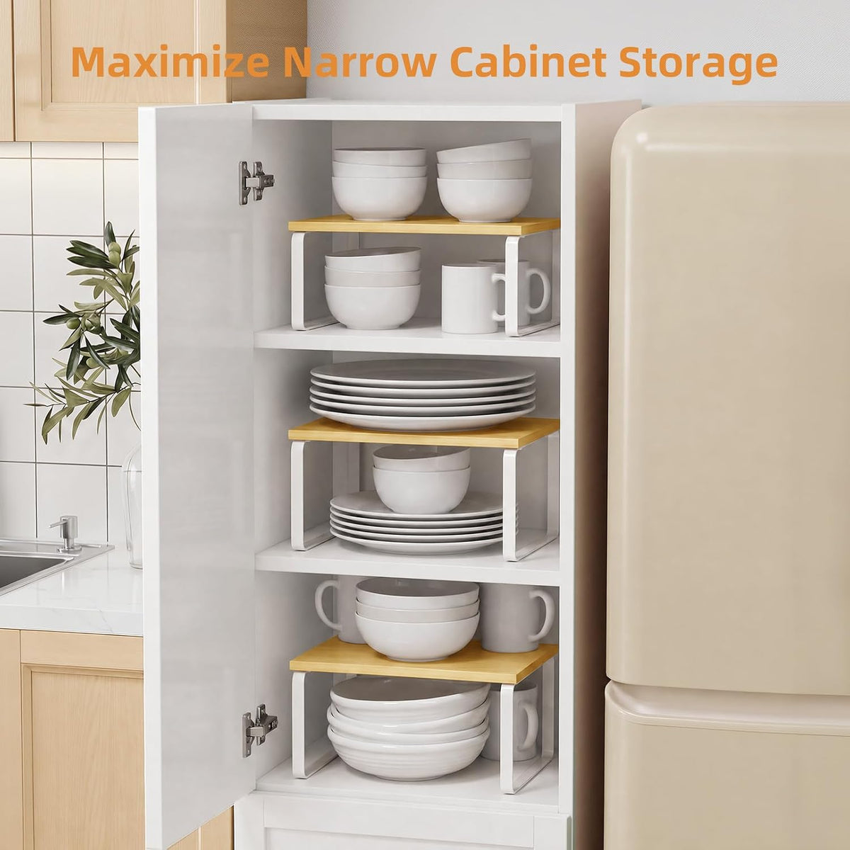 LAMU Cabinet Organizer Shelf, Set of 4 Expandable Kitchen Counter Shelve Plate Organizer for Cabiner, Stackable Spice Rack, CupBoard Organizers and Storage, Wood - Field & Nook